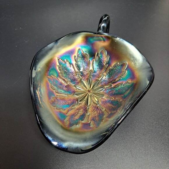 Dugan Carnival Glass Leaf Rays Tri-Corner Nappy Dish Iridescent Finish - Picture 3 of 14